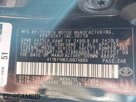 ✅ 2018 Toyota Camry LE • VIN: 4T1B11HK2JU674609 • Lot: 43590764. Listed on IAAI with 106,738 mi. Free auction sales archive from the USA and detailed vehicle history report at DreamBid. Image 9.