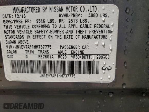 ✅ 2017 Infiniti Q50 Premium • VIN: JN1EV7AP1HM737775 • Lot: 85445995. Listed on Copart with 132,586 mi. Free auction sales archive from the USA and detailed vehicle history report at DreamBid. Image 12.