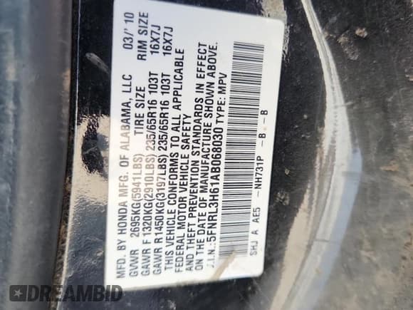 ✅ 2010 Honda Odyssey EX-L • VIN: 5FNRL3H61AB068030 • Lot: 80744905. Listed on Copart with 269,220 mi. Free auction sales archive from the USA and detailed vehicle history report at DreamBid. Image 13.