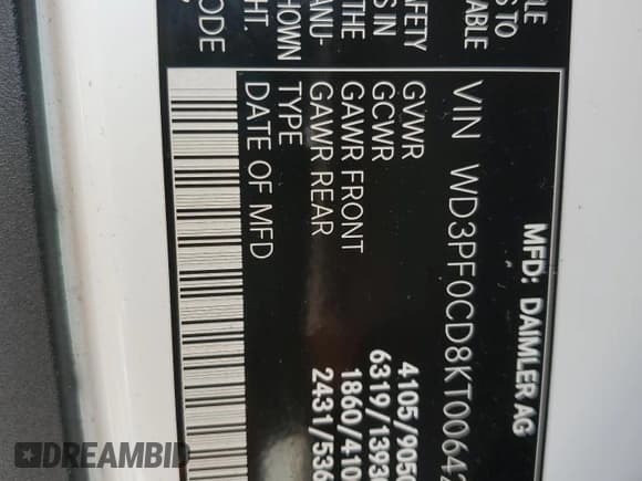 ✅ 2019 Mercedes-Benz Sprinter Cargo • VIN: WD3PF0CD8KT006426 • Lot: 57263295. Listed on Copart with 253,212 mi. Free auction sales archive from the USA and detailed vehicle history report at DreamBid. Image 13.