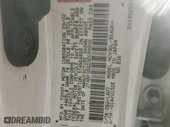 ✅ 2003 Lexus ES 300 • VIN: JTHBF30G230099932 • Lot: 93142695. Wystawiony na Copart z przebiegiem 193 892 mil. Bezpłatny archiwum sprzedaży aukcyjnych z USA i szczegółowy raport historii pojazdu na DreamBid. Zdjęcie 12.