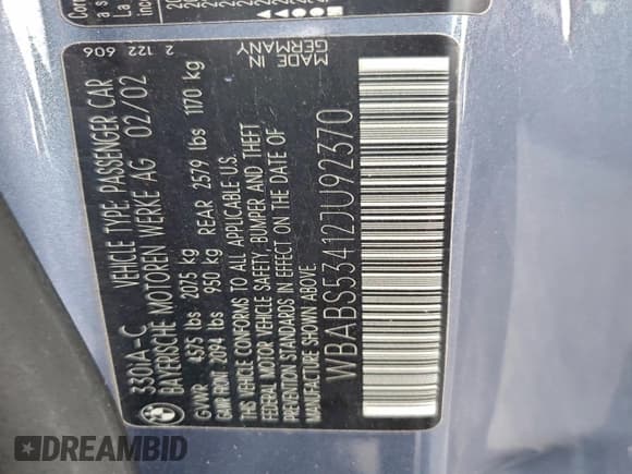 ✅ 2002 BMW 3 Series 330Ci • VIN: WBABS53412JU92370 • Lot: 95658445. Wystawiony na Copart z przebiegiem 165 832 mil. Bezpłatny archiwum sprzedaży aukcyjnych z USA i szczegółowy raport historii pojazdu na DreamBid. Zdjęcie 12.