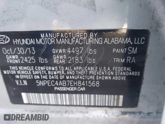 ✅ 2014 Hyundai Sonata Limited • VIN: 5NPEC4AB7EH841568 • Lot: 43598109. Listed on IAAI with 154,682 mi. Free auction sales archive from the USA and detailed vehicle history report at DreamBid. Image 9.