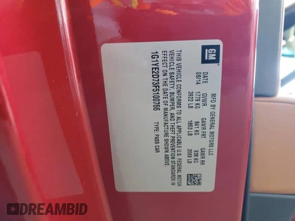 2015 Chevrolet Corvette 3LT z VIN 1G1YE2D73F5100766, wystawiony jako Copart lot #66738765 z przebiegiem 19 292 mil mil oraz Szkoda całkowita • Salvage title. Historia ofert i sprzedaży dostępna na DreamBid. Obrazek 12.