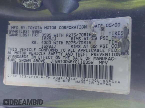 ✅ 2000 Lexus LX 470 • VIN: JT6HT00W6Y0118359 • Лот: 41369134. Опубликован ранее на IAAI с пробегом 279 475 миль. Бесплатный доступ к архиву аукционных продаж из США и подробный отчёт об истории автомобиля на DreamBid. Изображение 9.