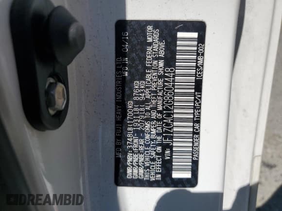 ✅ 2016 Subaru BRZ Limited • VIN: JF1ZCAC12G8604448 • Lot: 58671905. Listed on Copart with 123,589 mi. Free auction sales archive from the USA and detailed vehicle history report at DreamBid. Image 12.