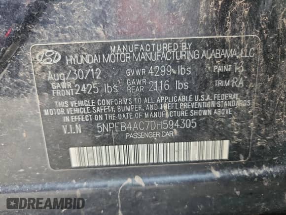 2013 Hyundai Sonata GLS with VIN 5NPEB4AC7DH594305, listed as a Copart auction lot 69480165 with 212,890 mi miles and Salvage title. Bid and sale history available at DreamBid. Image 12.