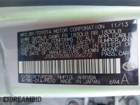 ✅ 2013 Toyota Prius Two • VIN: JTDKDTB38D1556272 • Lot: 43851833. Listed on IAAI with 221,176 mi. Free auction sales archive from the USA and detailed vehicle history report at DreamBid. Image 9.