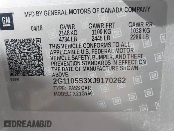 2018 Chevrolet Impala LT z VIN 2G1105S3XJ9170262, wystawiony jako IAAI lot #42963598 z przebiegiem 163 813 mil mil oraz . Historia ofert i sprzedaży dostępna na DreamBid. Obrazek 9.