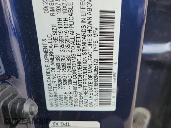 ✅ 2022 Honda CR-V Touring • VIN: 5J6RT6H92NL055120 • Lot: 82304635. Listed on Copart with 72,719 mi. Free auction sales archive from the USA and detailed vehicle history report at DreamBid. Image 14.