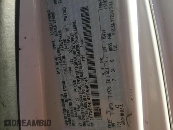 ✅ 2007 Ford Econoline Cargo Commercial • VIN: 1FTSE34L47DB46145 • Лот: 91031665. Опубликован ранее на Copart с пробегом 214 435 миль. Бесплатный доступ к архиву аукционных продаж из США и подробный отчёт об истории автомобиля на DreamBid. Изображение 13.