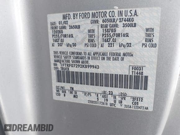 ✅ 2002 Ford F-150 XL • VIN: 1FTRF07292KB99943 • Lot: 43625255. Wystawiony na IAAI z przebiegiem 223 535 mil. Bezpłatny archiwum sprzedaży aukcyjnych z USA i szczegółowy raport historii pojazdu na DreamBid. Zdjęcie 9.