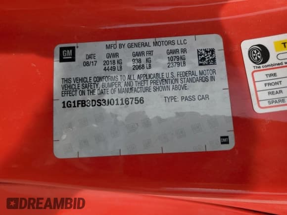 ✅ 2018 Chevrolet Camaro 1LT • VIN: 1G1FB3DS3J0116756 • Lot: 70392245. Listed on Copart with 107,081 mi. Free auction sales archive from the USA and detailed vehicle history report at DreamBid. Image 13.