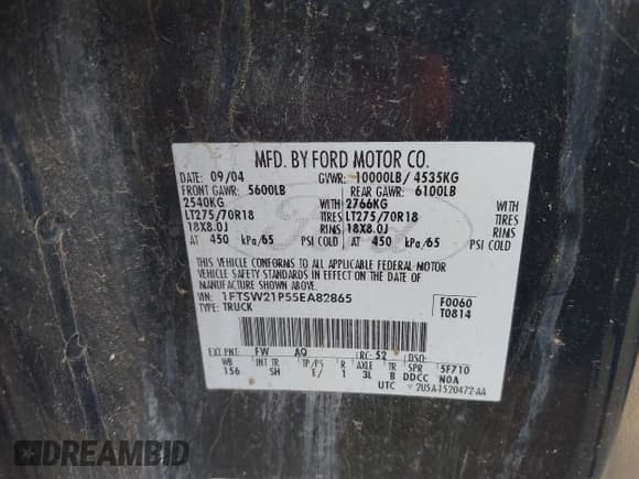 ✅ 2005 Ford F-250 XL • VIN: 1FTSW21P55EA82865 • Лот: 42690664. Опубликован ранее на IAAI с пробегом 242 125 миль. Бесплатный доступ к архиву аукционных продаж из США и подробный отчёт об истории автомобиля на DreamBid. Изображение 9.