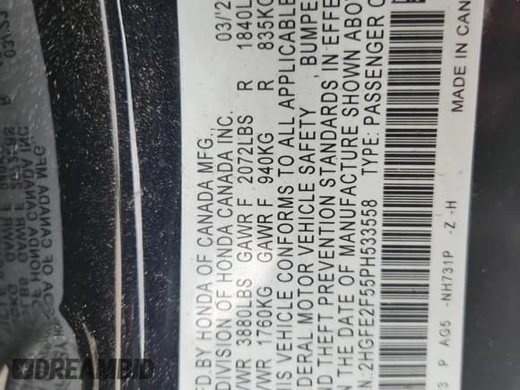 ✅ 2023 Honda Civic Sport • VIN: 2HGFE2F55PH533558 • Lot: 90643285. Listed on Copart with 34,060 mi. Free auction sales archive from the USA and detailed vehicle history report at DreamBid. Image 13.