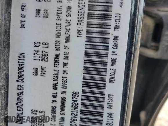 2001 Dodge Intrepid R/T z VIN 2B3AD76V21H624756, wystawiony jako Copart lot #65902305 z przebiegiem 185 519 mil mil oraz Szkoda całkowita • Salvage title. Historia ofert i sprzedaży dostępna na DreamBid. Obrazek 12.