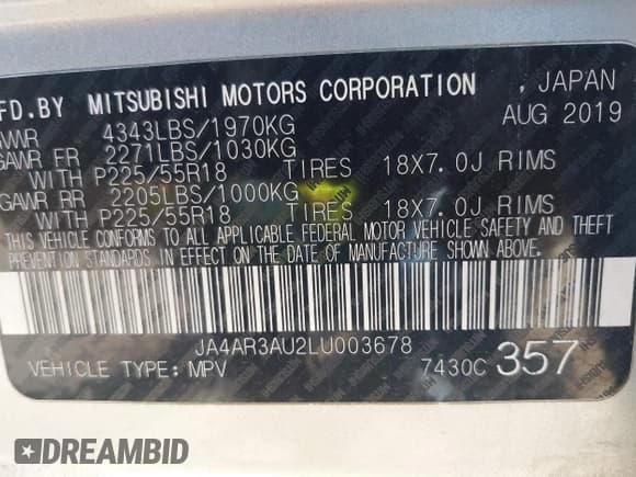 ✅ 2020 Mitsubishi Outlander ES • VIN: JA4AR3AU2LU003678 • Lot: 42663685. Listed on IAAI with 153,692 mi. Free auction sales archive from the USA and detailed vehicle history report at DreamBid. Image 9.