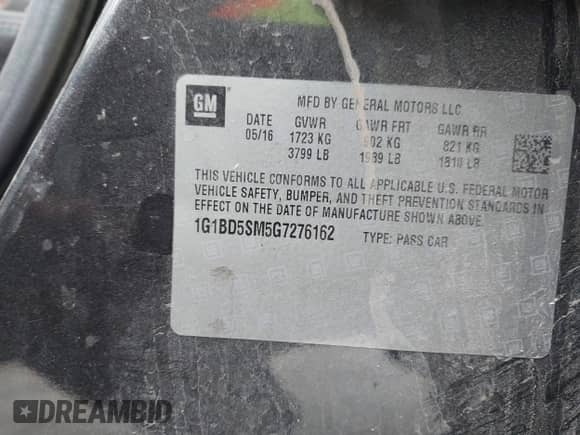 2016 Chevrolet Cruze LT с VIN 1G1BD5SM5G7276162, выставлен на аукционе IAAI как лот 40839206 с пробегом 76 051 миль миль и . История ставок и продаж доступна на DreamBid. Изображение 9.