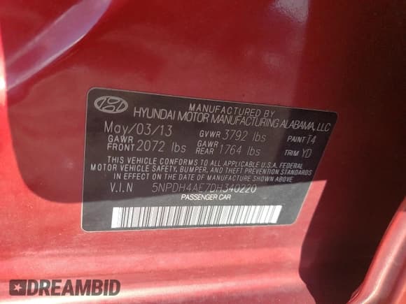 ✅ 2013 Hyundai Elantra GLS • VIN: 5NPDH4AE7DH340220 • Lot: 90479195. Listed on Copart with 201,358 mi. Free auction sales archive from the USA and detailed vehicle history report at DreamBid. Image 12.