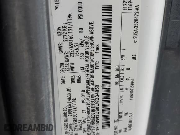 ✅ 2020 Ford Transit Cargo • VIN: 1FTBW3U88LKB34059 • Лот: 57055695. Опубликован ранее на Copart с пробегом 77 813 миль. Бесплатный доступ к архиву аукционных продаж из США и подробный отчёт об истории автомобиля на DreamBid. Изображение 13.