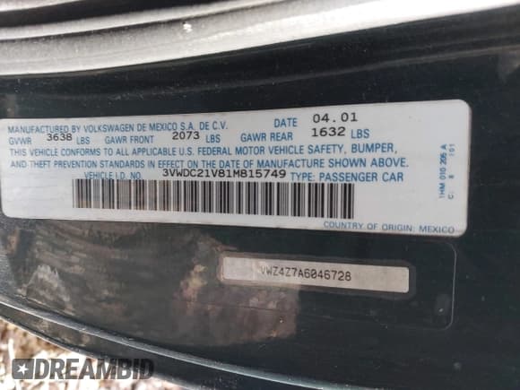 ✅ 2001 Volkswagen Cabriolet GLX • VIN: 3VWDC21V81M815749 • Lot: 41674864. Listed on IAAI with 85,667 mi. Free auction sales archive from the USA and detailed vehicle history report at DreamBid. Image 9.