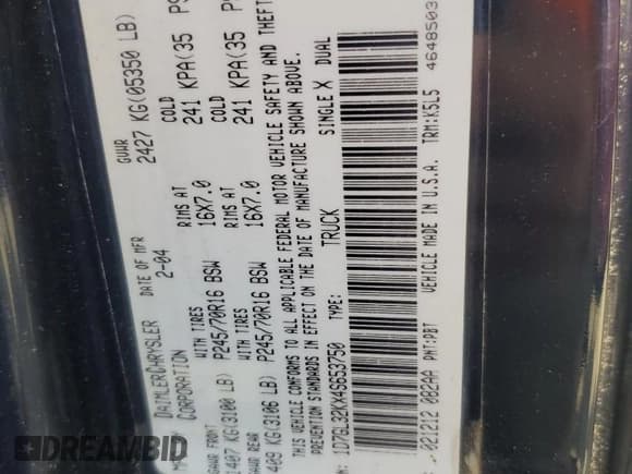 ✅ 2004 Dodge Dakota Sport • VIN: 1D7GL32KX4S653750 • Lot: 63907154. Listed on Copart with 133,226 mi. Free auction sales archive from the USA and detailed vehicle history report at DreamBid. Image 12.