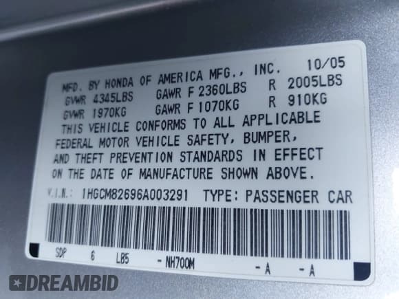 ✅ 2006 Honda Accord EX-L • VIN: 1HGCM82696A003291 • Lot: 43002374. Wystawiony na IAAI z przebiegiem 193 539 mil. Bezpłatny archiwum sprzedaży aukcyjnych z USA i szczegółowy raport historii pojazdu na DreamBid. Zdjęcie 9.