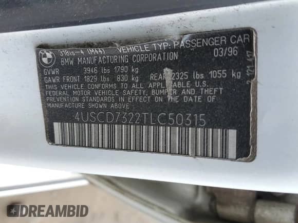 1996 BMW 3 Series z VIN 4USCD7322TLC50315, wystawiony jako Copart lot #87952885 z przebiegiem 318 396 mil mil oraz Szkoda całkowita • Salvage title. Historia ofert i sprzedaży dostępna na DreamBid. Obrazek 12.