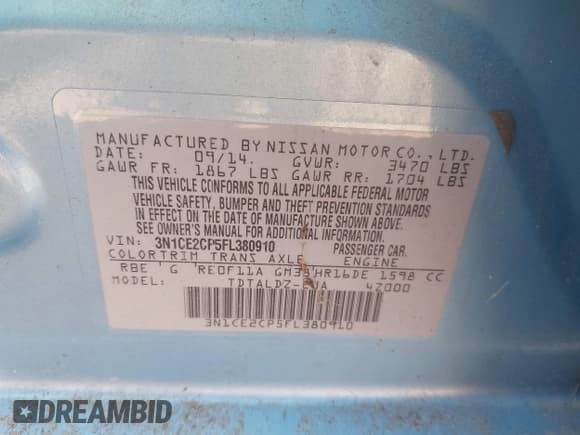 ✅ 2015 Nissan Note SR • VIN: 3N1CE2CP5FL380910 • Lot: 42719465. Listed on IAAI with 109,768 mi. Free auction sales archive from the USA and detailed vehicle history report at DreamBid. Image 9.