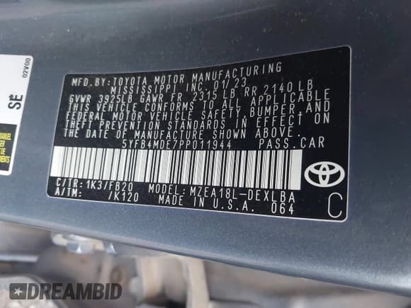 ✅ 2023 Toyota Corolla LE • VIN: 5YFB4MDE7PP011944 • Лот: 43317495. Опубликован ранее на IAAI с пробегом 39 219 миль. Бесплатный доступ к архиву аукционных продаж из США и подробный отчёт об истории автомобиля на DreamBid. Изображение 9.