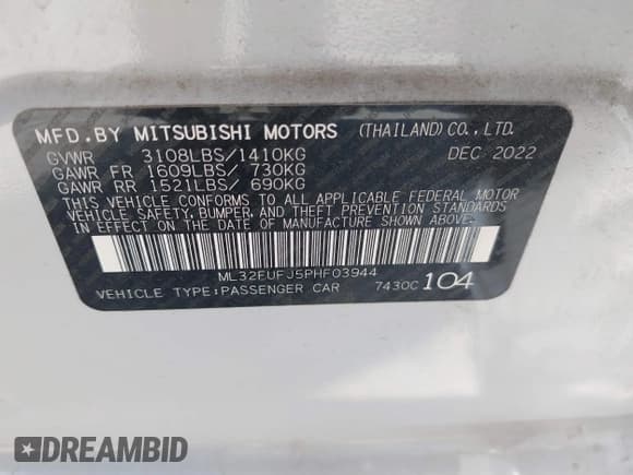 ✅ 2023 Mitsubishi Mirage ES • VIN: ML32FUFJ5PHF03944 • Лот: 41822041. Опубликован ранее на IAAI с пробегом 12 899 миль. Бесплатный доступ к архиву аукционных продаж из США и подробный отчёт об истории автомобиля на DreamBid. Изображение 9.