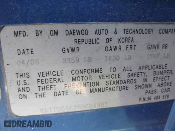 2006 Chevrolet Aveo LS z VIN KL1TD56686B684391, wystawiony jako IAAI lot #41848273 z przebiegiem 175 420 mil mil oraz . Historia ofert i sprzedaży dostępna na DreamBid. Obrazek 9.