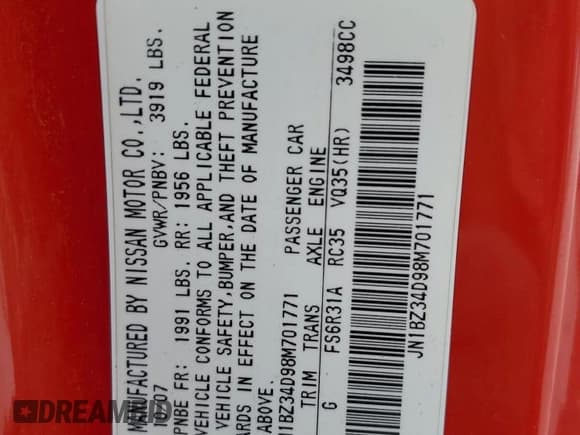 ✅ 2008 Nissan 350Z • VIN: JN1BZ34D98M701771 • Лот: 50747575. Опубликован ранее на Copart с пробегом 175 720 миль. Бесплатный доступ к архиву аукционных продаж из США и подробный отчёт об истории автомобиля на DreamBid. Изображение 12.