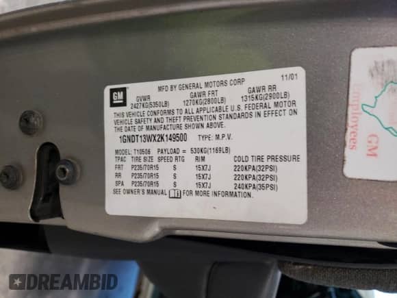 2002 Chevrolet Blazer LS z VIN 1GNDT13WX2K149500, wystawiony jako Copart lot #81766444 z przebiegiem 251 330 mil mil oraz Szkoda całkowita • Salvage title. Historia ofert i sprzedaży dostępna na DreamBid. Obrazek 13.