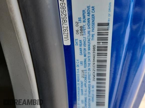 ✅ 2003 Volkswagen Beetle GLS • VIN: 3VWCK21C93M403985 • Лот: 64219415. Опубликован ранее на Copart с пробегом 106 298 миль. Бесплатный доступ к архиву аукционных продаж из США и подробный отчёт об истории автомобиля на DreamBid. Изображение 12.