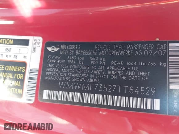 ✅ 2007 MINI Hardtop S • VIN: WMWMF73527TT84529 • Lot: 43425761. Listed on IAAI with 95,171 mi. Free auction sales archive from the USA and detailed vehicle history report at DreamBid. Image 9.