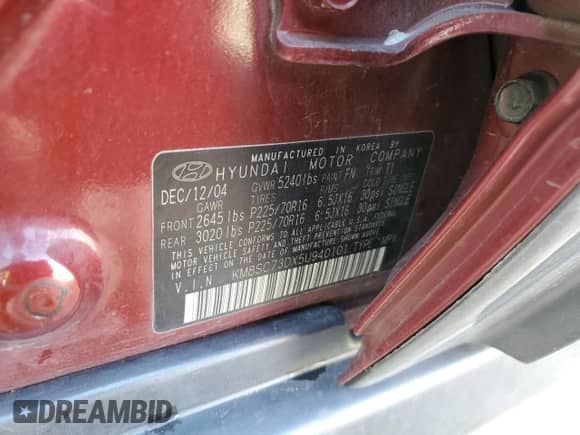 2005 Hyundai Santa Fe GLS с VIN KM8SC73DX5U940101, выставлен на аукционе Copart как лот 46112455 с пробегом 157 812 миль миль и Списание • Salvage title. История ставок и продаж доступна на DreamBid. Изображение 13.