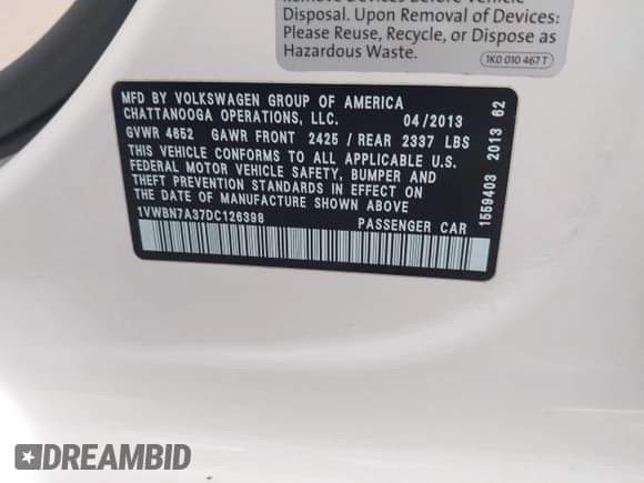 ✅ 2013 Volkswagen Passat SE • VIN: 1VWBN7A37DC126398 • Лот: 43285640. Опубликован ранее на IAAI с пробегом 161 330 миль. Бесплатный доступ к архиву аукционных продаж из США и подробный отчёт об истории автомобиля на DreamBid. Изображение 9.