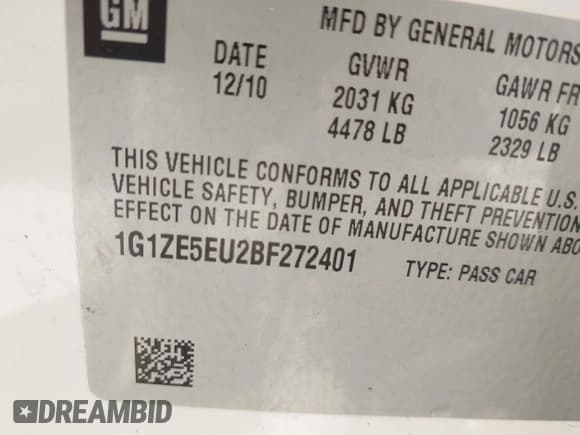 ✅ 2011 Chevrolet Malibu LTZ • VIN: 1G1ZE5EU2BF272401 • Lot: 43197369. Listed on IAAI with 124,595 mi. Free auction sales archive from the USA and detailed vehicle history report at DreamBid. Image 9.