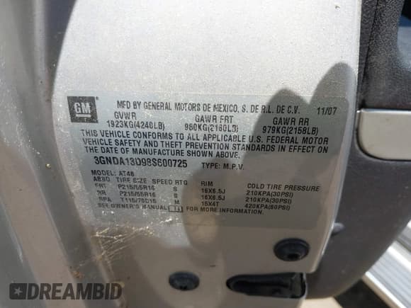 ✅ 2008 Chevrolet HHR LS • VIN: 3GNDA13D98S600725 • Lot: 42286467. Listed on IAAI with 62,727 mi. Free auction sales archive from the USA and detailed vehicle history report at DreamBid. Image 9.