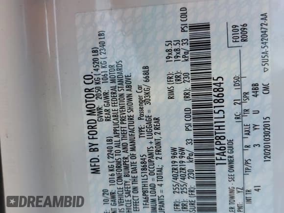 ✅ 2020 Ford Mustang EcoBoost • VIN: 1FA6P8TH1L5186845 • Lot: 82209565. Listed on Copart with 53,978 mi. Free auction sales archive from the USA and detailed vehicle history report at DreamBid. Image 13.