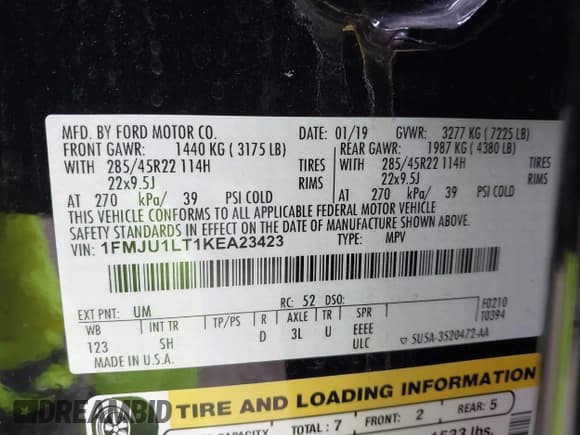 ✅ 2019 Ford Expedition Platinum • VIN: 1FMJU1LT1KEA23423 • Lot: 42134271. Listed on IAAI with 59,180 mi. Free auction sales archive from the USA and detailed vehicle history report at DreamBid. Image 9.