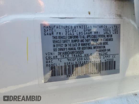 ✅ 2021 Nissan Sentra SV • VIN: 3N1AB8CV4MY245029 • Lot: 56207095. Listed on Copart with 37,642 mi. Free auction sales archive from the USA and detailed vehicle history report at DreamBid. Image 12.