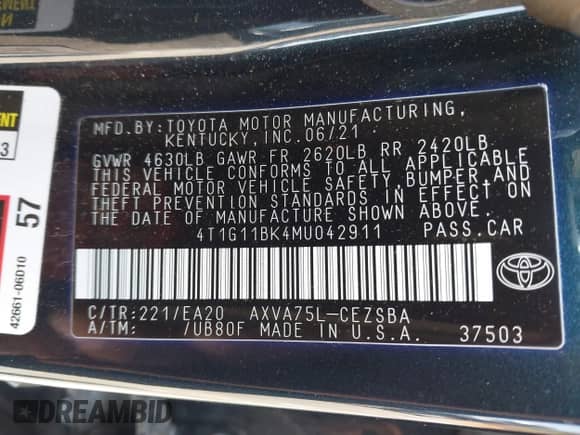 2021 Toyota Camry SE with VIN 4T1G11BK4MU042911, listed as a IAAI auction lot 42495834 with 73,314 mi miles and . Bid and sale history available at DreamBid. Image 9.