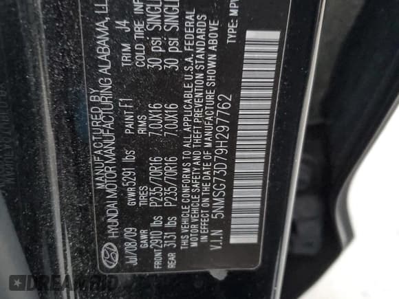 ✅ 2009 Hyundai Santa Fe GLS • VIN: 5NMSG73D79H297762 • Lot: 78078204. Listed on Copart with 172,841 mi. Free auction sales archive from the USA and detailed vehicle history report at DreamBid. Image 13.