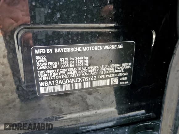 ✅ 2022 BMW 5 Series 530e • VIN: WBA13AG04NCK76742 • Lot: 82485035. Listed on Copart with Not provided. Free auction sales archive from the USA and detailed vehicle history report at DreamBid. Image 12.