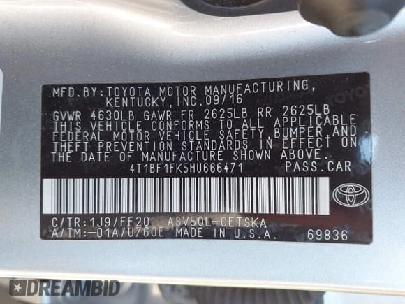 ✅ 2017 Toyota Camry SE • VIN: 4T1BF1FK5HU666471 • Lot: 43638372. Listed on IAAI with Not provided. Free auction sales archive from the USA and detailed vehicle history report at DreamBid. Image 9.