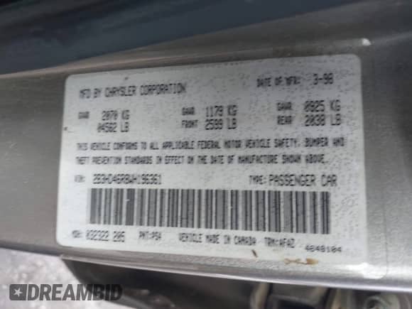 1998 Dodge Intrepid z VIN 2B3HD46R8WH196361, wystawiony jako IAAI lot #42378097 z przebiegiem 117 595 mil mil oraz . Historia ofert i sprzedaży dostępna na DreamBid. Obrazek 9.