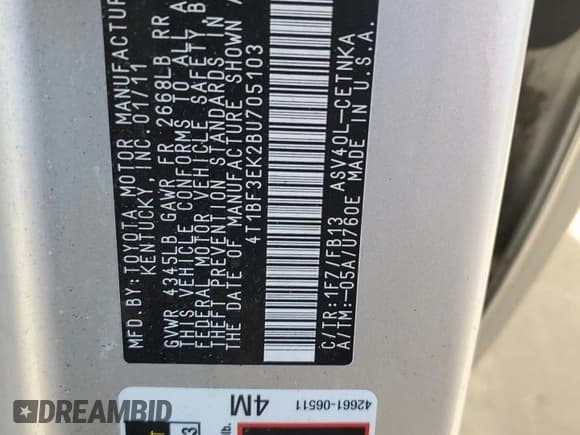 ✅ 2011 Toyota Camry LE • VIN: 4T1BF3EK2BU705103 • Lot: 82439505. Listed on Copart with Not provided. Free auction sales archive from the USA and detailed vehicle history report at DreamBid. Image 13.