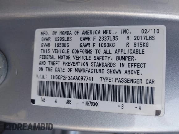 ✅ 2010 Honda Accord LX • VIN: 1HGCP2F34AA097741 • Lot: 43642547. Listed on IAAI with 197,549 mi. Free auction sales archive from the USA and detailed vehicle history report at DreamBid. Image 9.